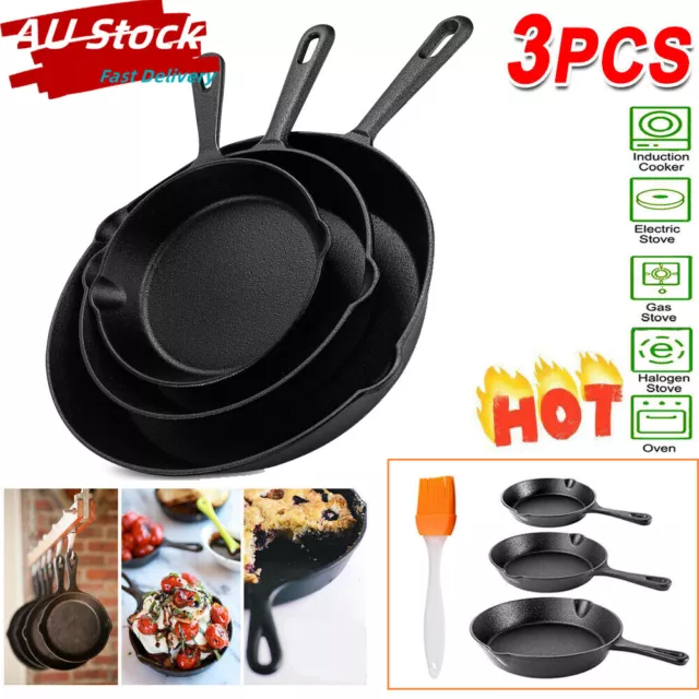 Non Stick Frying Pan Set 3PCS Cast Iron Steak Skillet BBQ Cookware Frypan