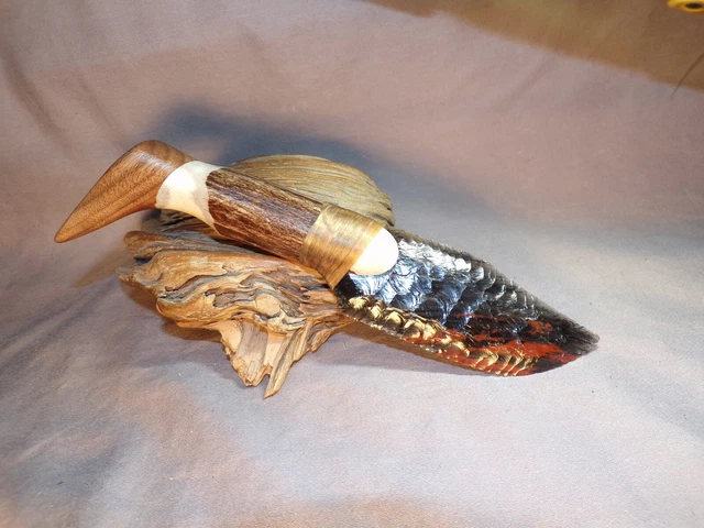 Triple Flow Obsidian Bowie Knife w Deer Antler & Walnut End Cap Handle Knapping