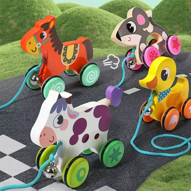 Wooden Animal Push and Pull Along Toys with String Toddlers Pull Car Toy