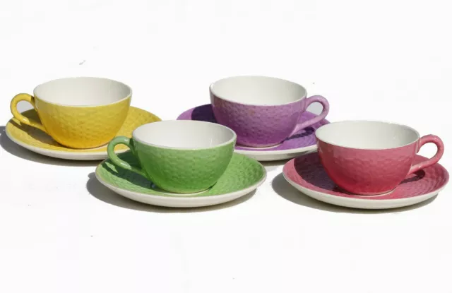 Lot de 4 tasses et soucoupes multicolores Digoin Sarreguemines