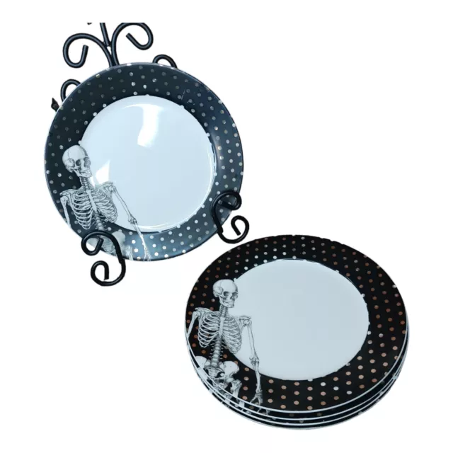 Wicked Ciroa Set of Five Skeleton Desert Salad Plates Black and White Polka Dot