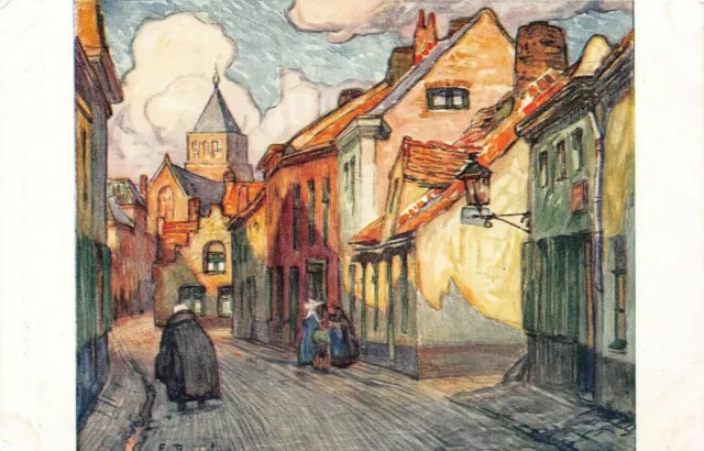 Bruges Belgique~ Rue Du Marecage-Artist Em Rommelaere Carte Postale