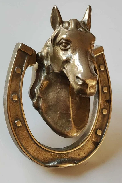 Ancien Heurtoir de porte à battant Buste de cheval/Fer à cheval. En bronze doré