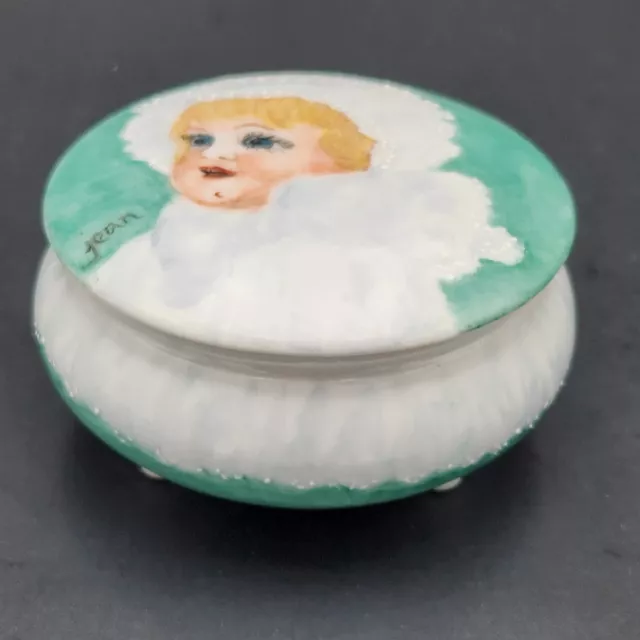 Vintage Vanity Powder Jar Trinket Box Hand Painted Porcelain Baby Girl