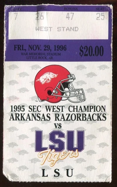 College Football Ticket Arkansas 1996 11/29 LSU SEC