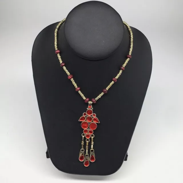 Kuchi Necklace Afghan Ethnic Tribal Fashion Red Color Glass ATS Pendant, KN463