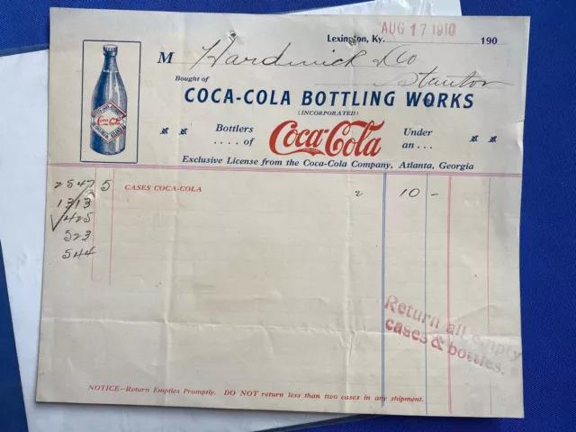 Antique 1910 Coca-Cola Bottling Works Lexington KY Paper Receipt RARE FIND