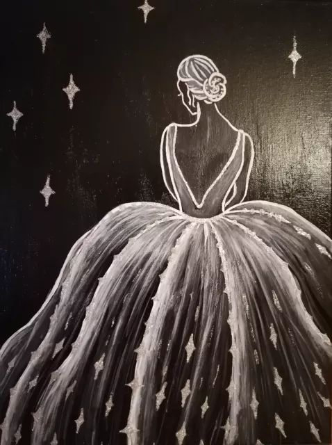 Gemälde Acrylbild Traum in weiß Ballerina Lady Frau Deko Schwarz-weiß Original