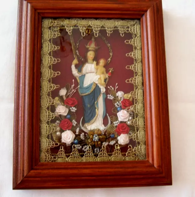 Wandbild Klosterarbeit Hl. Maria mit Jesuskind Muttergottes *verglast  gerahmt
