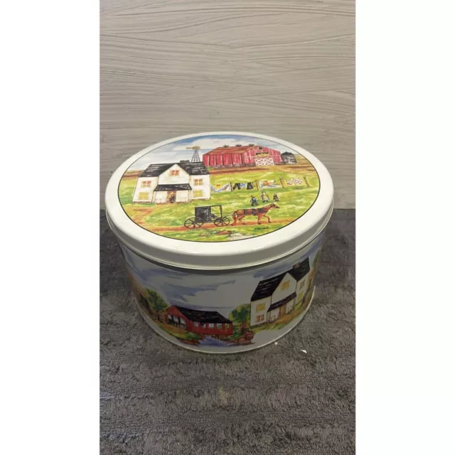 Vintage Figis Metal Tin  Can with Lid Country Farm Red Barn Sold Empty