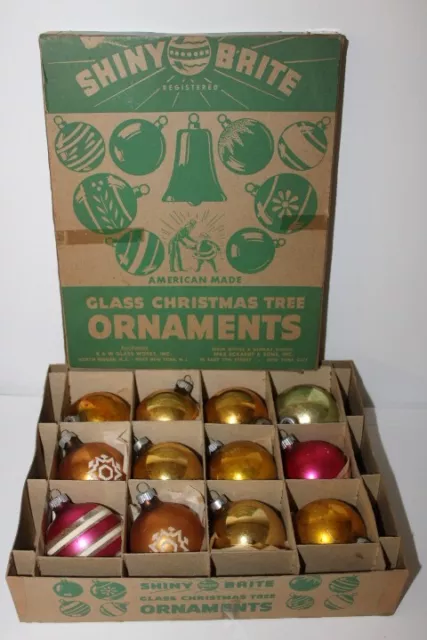 Shiny Brite Glass Christmas Tree Ornaments Vintage One Dozen Original Box