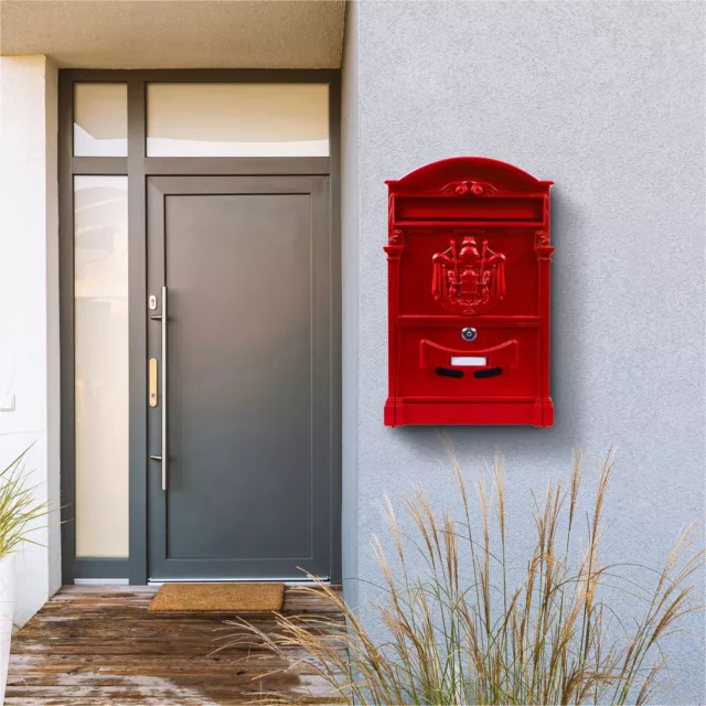 Wall Mounted Mail Letter Post Box Outdoor Lockable Powder Coated Steel Red