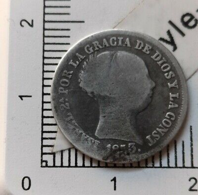 K14707 pièce de monnaie argent 2 reales 1853 Isabelle II Espagne royale