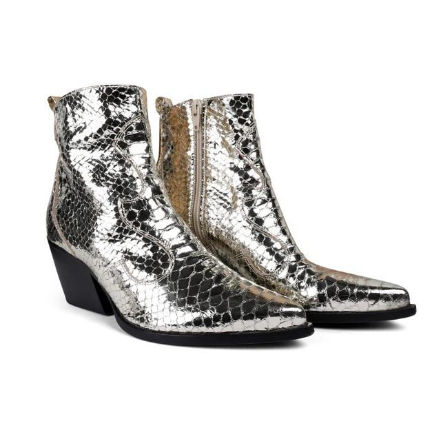 Bottines texanes en cuir métallisé imprimé serpent - T: 37,5