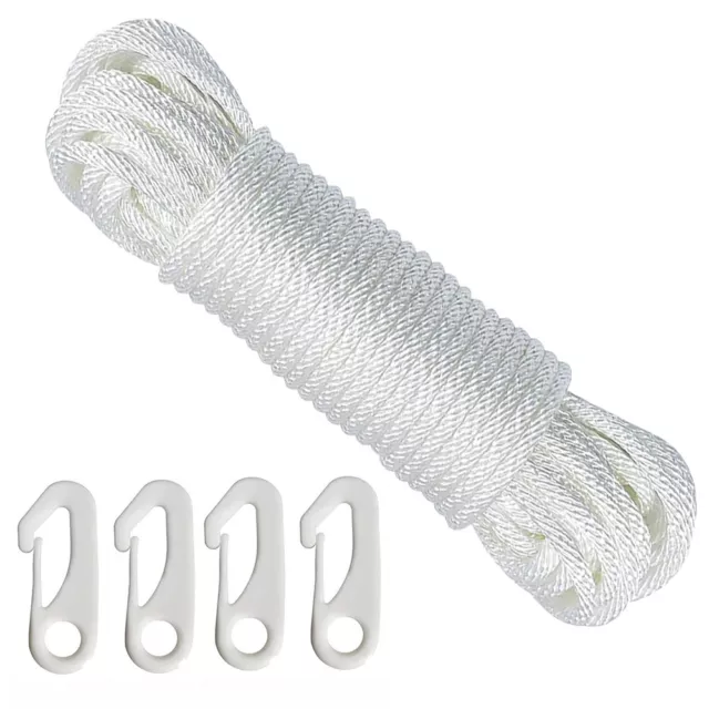 15M Nylon Flag Rope Flagpole Rope 6mm New Thick White with 4X Flag Pole Clips 2