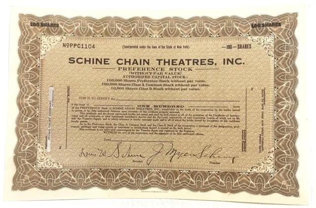 Antique 1920s 🎥 Schine Chain Theatres Stock Certificate, Silent Film History!
