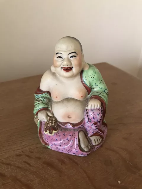 Vintage Chinese Laughing Buddha Porcelain Figure With Signature