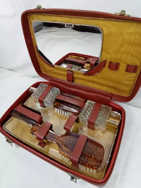Coffret nécessaire de toilette de voyage ancien flacon de parfum brosse bakelite