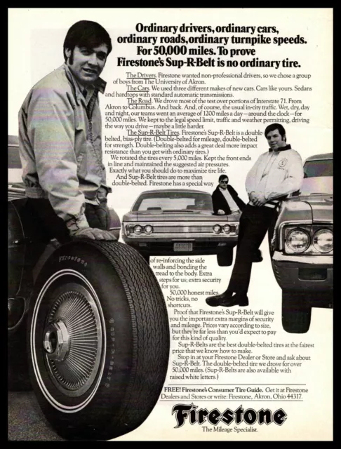 1970 Firestone Tire "Sup-R-Belt" Double-Belted Bias-Ply Tires Vintage Print Ad