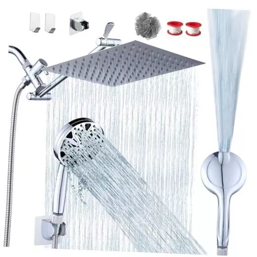 10'' Rainfall Shower Head with Handheld Combo, Chrome Finish, 8+2 Mode, 10IN