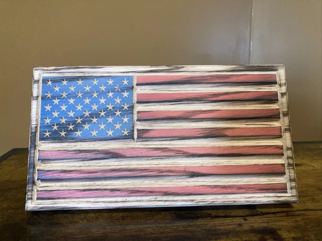 Solid Wooden Flag Distressed American Carved  Rustic Charred Wood American Flag