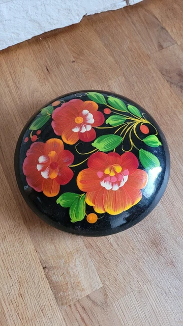 Lackdose russisch rund Made in USSR Blumen schwarz Lack