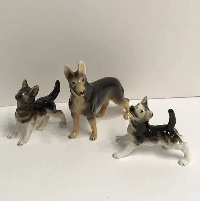 3 Vtg Small German Shepherd Dog Adult and 2 Puppies Figurines Porcelain Ceramic