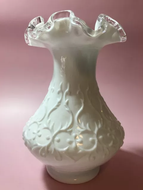 Vintage Fenton Glass Co. Silver Crest , Spanish Lace,  Milk Glass Vase, 8" Vase