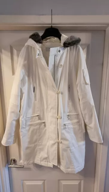 NEXT White Coat With Detachable Grey Faux Fur Trim Hood UK Size 10 Petite