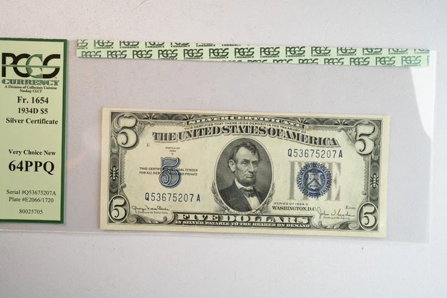 Rare 1934-D $5 Silver Certificate in PCGS 64 PPQ Very Choice New!
