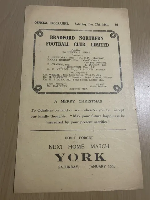 Wartime Rugby League Programme Bradford Northern v Wigan December 1941 War Time