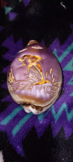 Carved Tiger Cowrie Shell Jumping Dolphin Ocean Theme Handmade Beautiful 3"