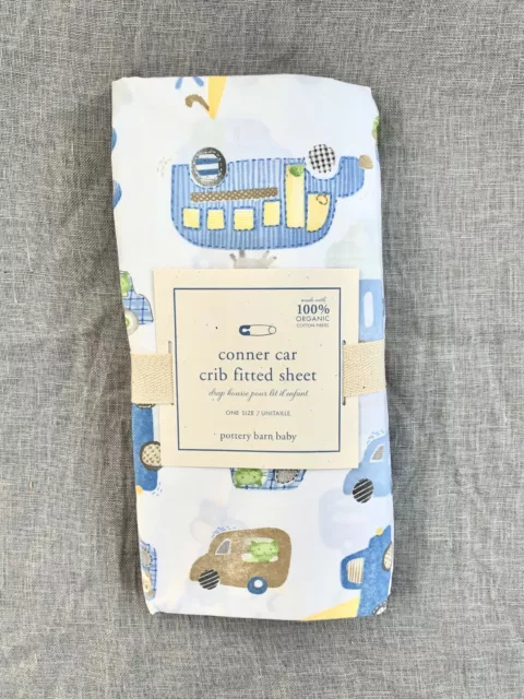 POTTERY BARN KIDS Conner Car crib fitted sheet blue green white organic