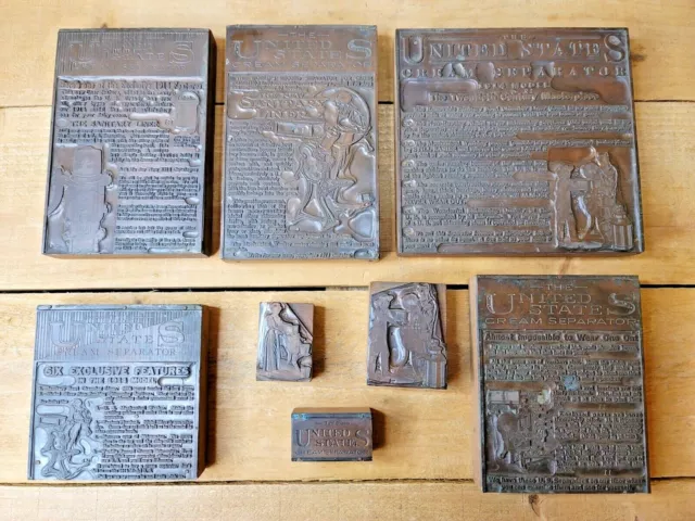 Antique 1910s United States Cream Separator Copper Wood Advertising Print Blocks