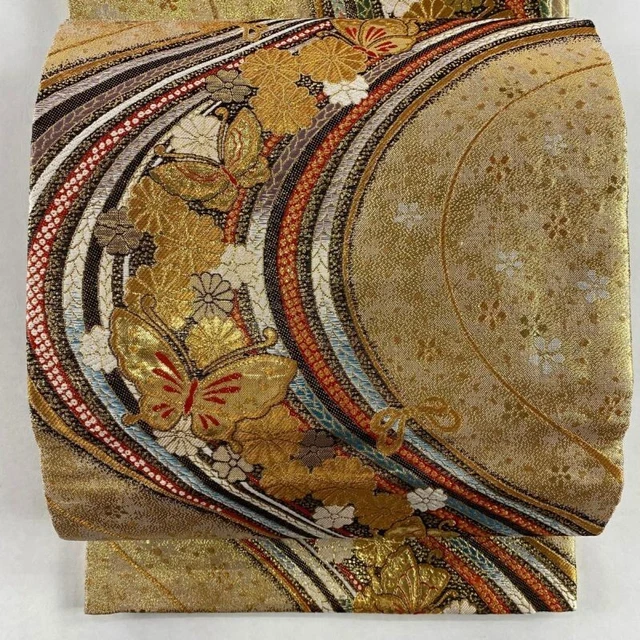 Japanese Kimono Obi Pure Silk Chrysanthemum Butterfly Foil Gold Formal