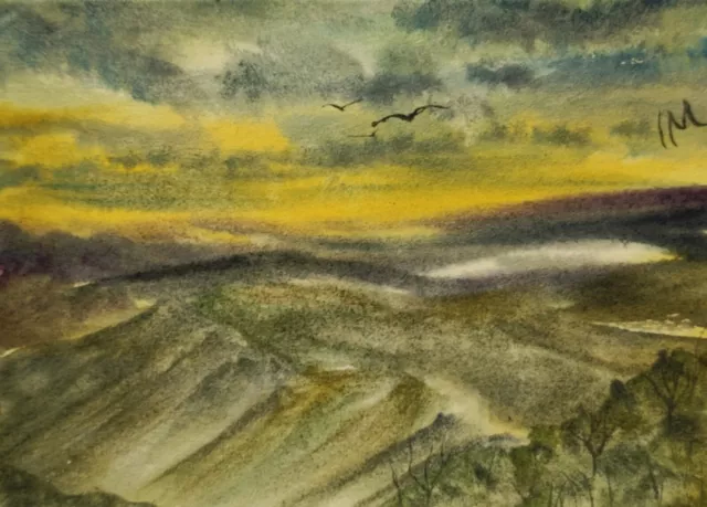 ACEO Original Painting Art Card Landscape Sunset Mountains Lakes Watercolour