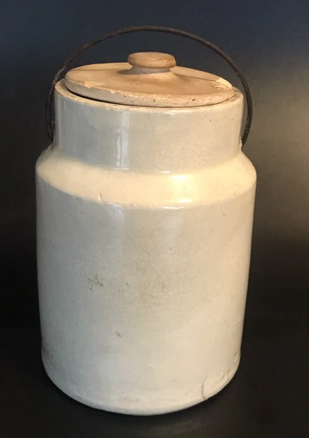 Antique 1/2 Gallon Stoneware Milk Cream Cheese Canning Jar with Crock Lid & Wire