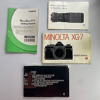 (4) Manual de instrucciones vintage del propietario de Minolta y Canon para cámaras y lentes XG-7