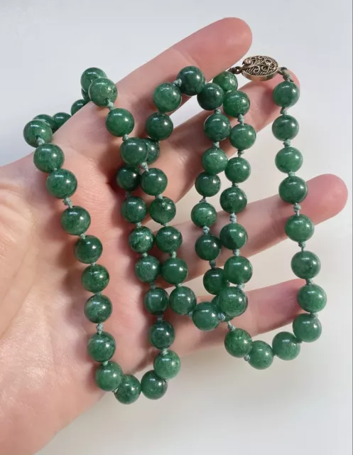 Vintage Estate Chinese Asian Green Jade Jadeite Necklace Sterling Silver Clasp