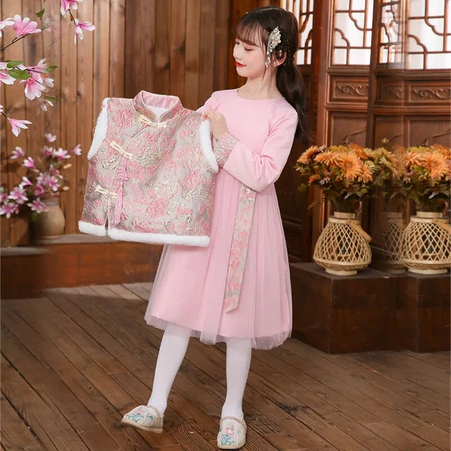 2PCS Bambino Spesso Ttang Abito Cheongsam Cinese Hanfu Ricamato Fairy