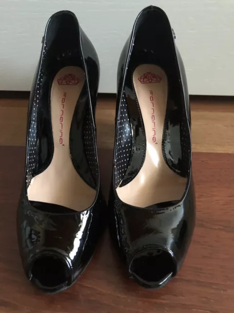 FORNARINA IT37 SCARPE Decollete Nero Pelle Verniciata Punta Aperta