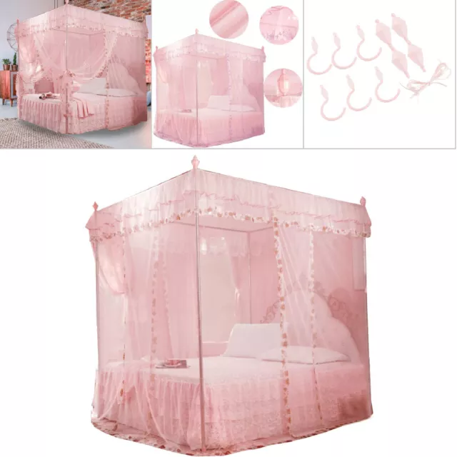 (Pink M)Luxury Princess 3 Side Openings Post Bed Curtain Canopy Netting SN