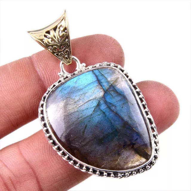 Natural Labradorite Gemstone Handmade 925 Solid Sterling Silver Pendant 2" l662