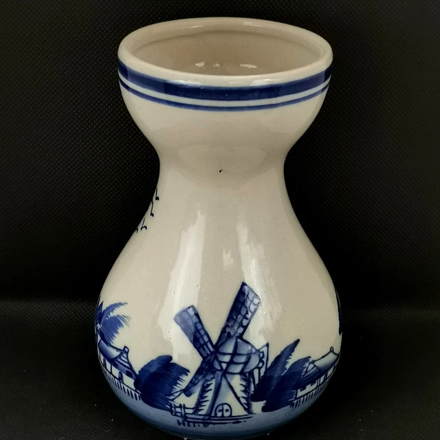 Dutch Delft Blue Ceramic Hand Painted Hyacinth Vase Windmills Sail Boats