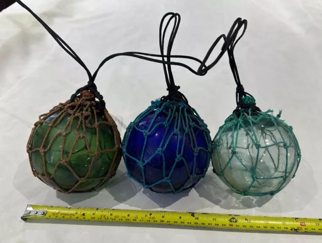 VINTAGE 3X GLASS Fishing Ball Float Buoy + Original Rope Net