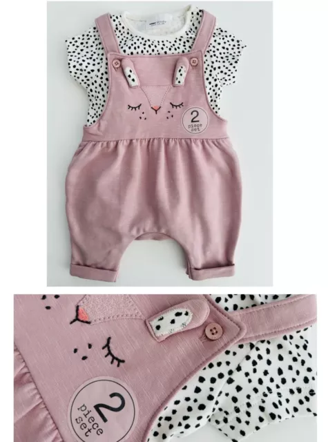 Baby Next Dungaree Set 2 Piece Bodysuit Pink Bunny Rabbit Easter Summer Outfit