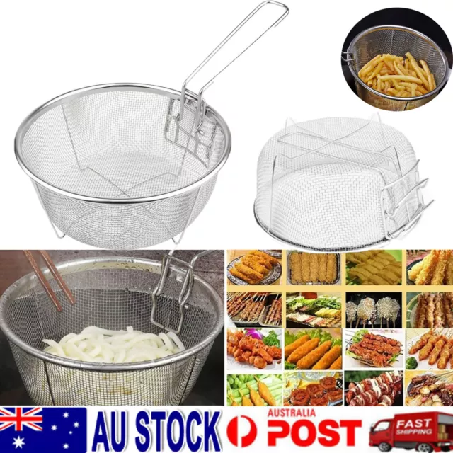 New Kitchen Deep Frying Basket Stainless Steel Wire Mesh Fryer Strainer Foldable