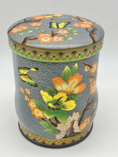 Daher Metal Tin Container Asian Floral Design Butterflies Cloisonne' Look w Lid