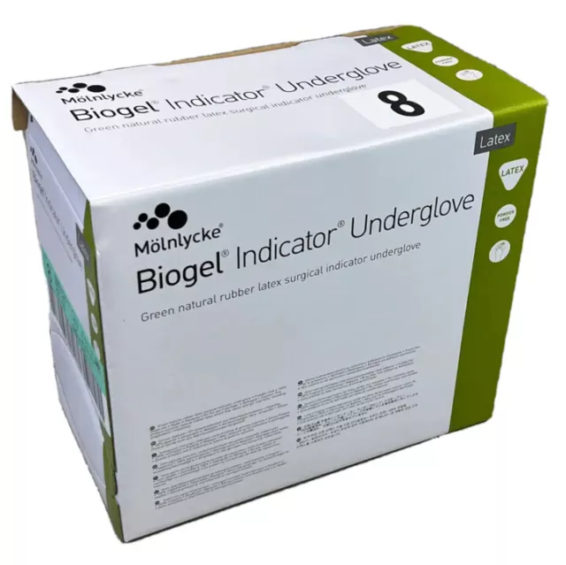 MOLNLYCKE Biogel Latex Surgical Indicator Underglove SZ 8 Green 50 Pairs 31280