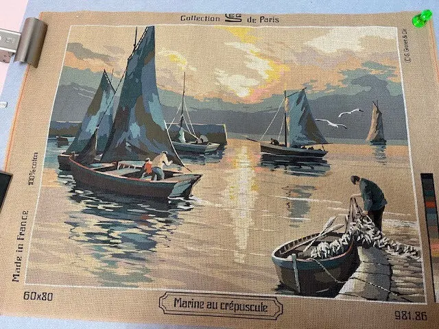 Marine au Crepescule Boats Dusk Scene Vintage Needlepoint Tapestry Canvas